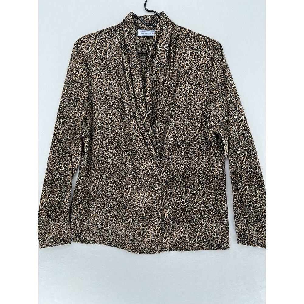 Vintage Impressions California Leopard Print Cowl Neck Blouse Womens Size 10